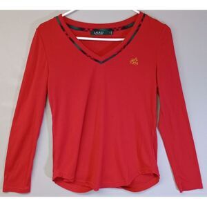 Lauren Ralph Lauren Blouse Top Small Red V-Neck Long Sleeve Embroidered Logo